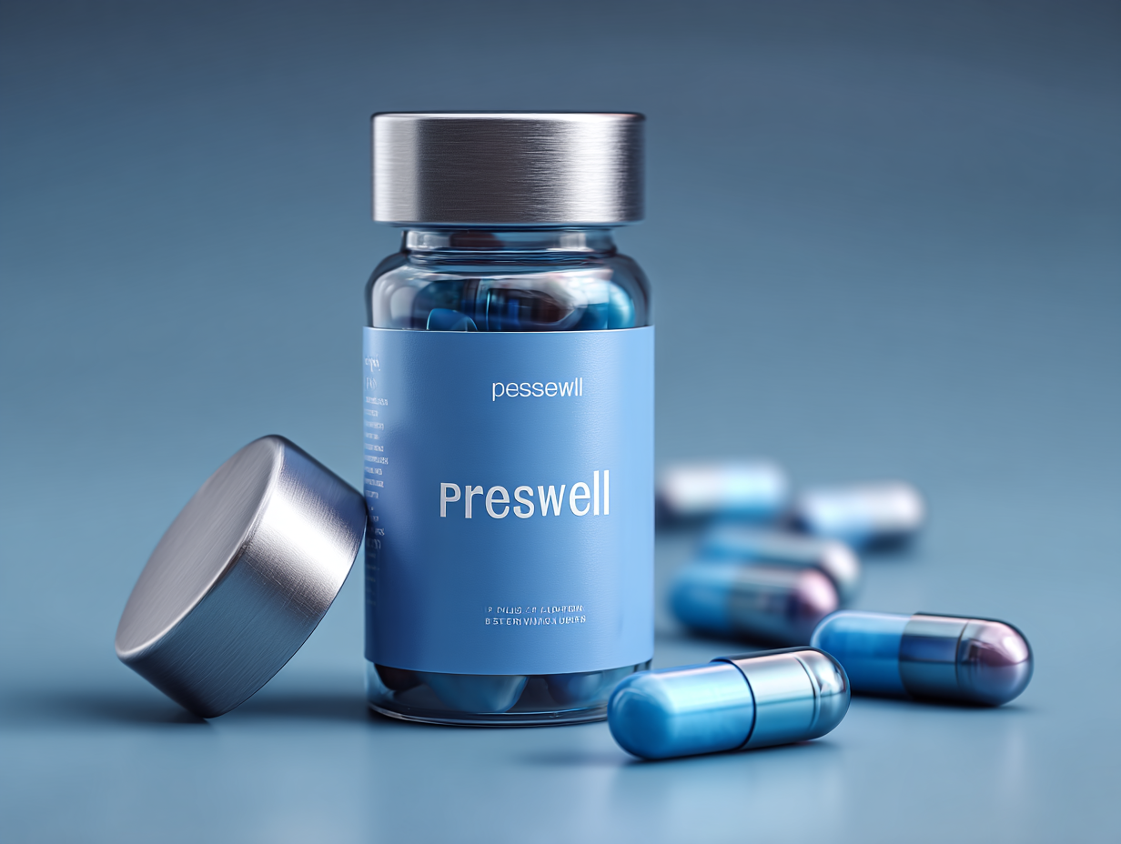 Preswell - supliment natural în capsule pentru menținerea tensiunii arteriale normale și susținerea sănătății cardiovasculare, ambalaj modern pe fundal neutru